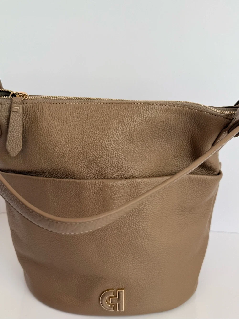 Cole Haan Pebbled Taupe Leather Shoulder Bag with Gold Hardware - Picture 8 of 9
